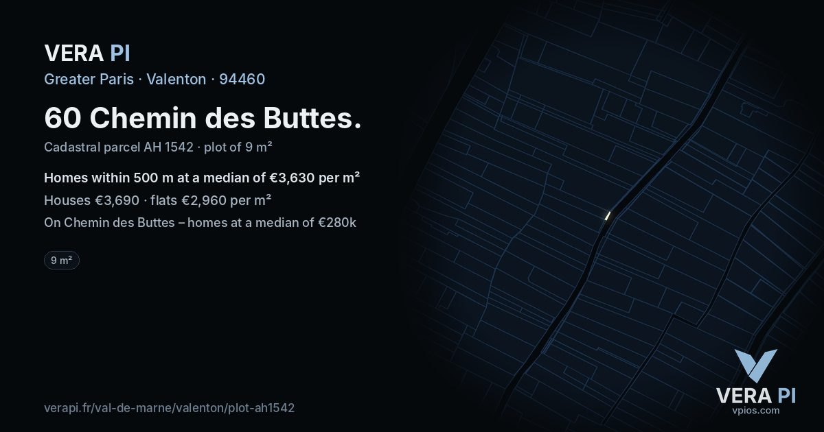 60 Chemin des Buttes, Valenton at night – the plot lit, the parcels around coloured by the prices near them