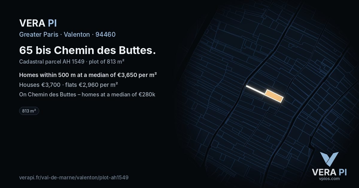 65 bis Chemin des Buttes, Valenton at night – the plot lit, the parcels around coloured by the prices near them