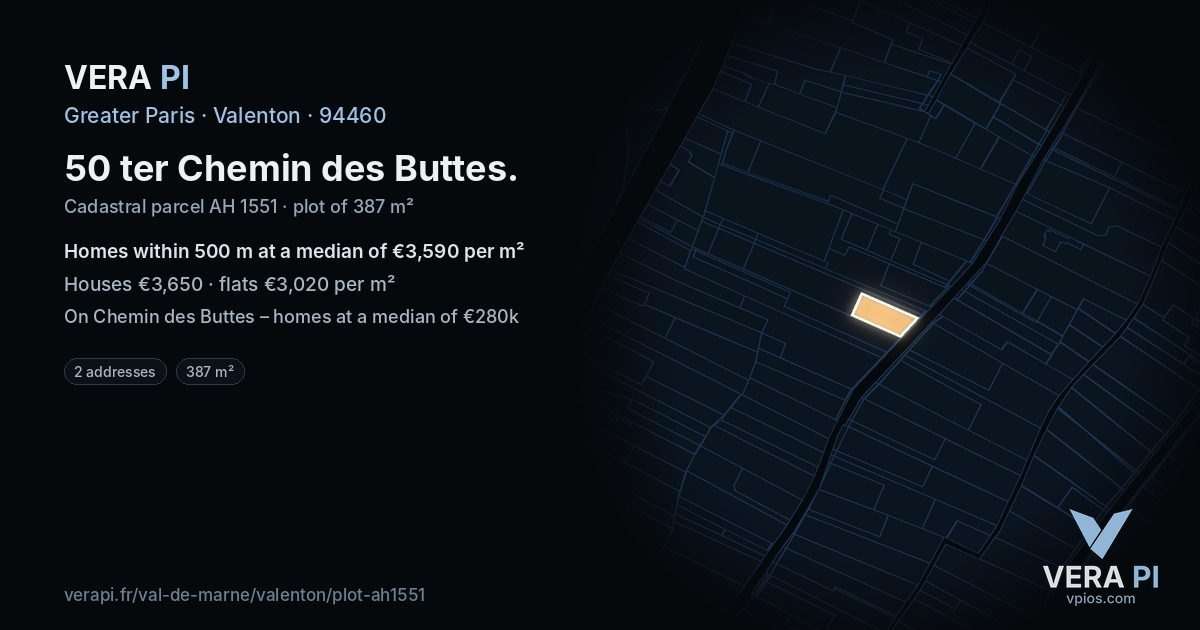 50 ter Chemin des Buttes, Valenton at night – the plot lit, the parcels around coloured by the prices near them