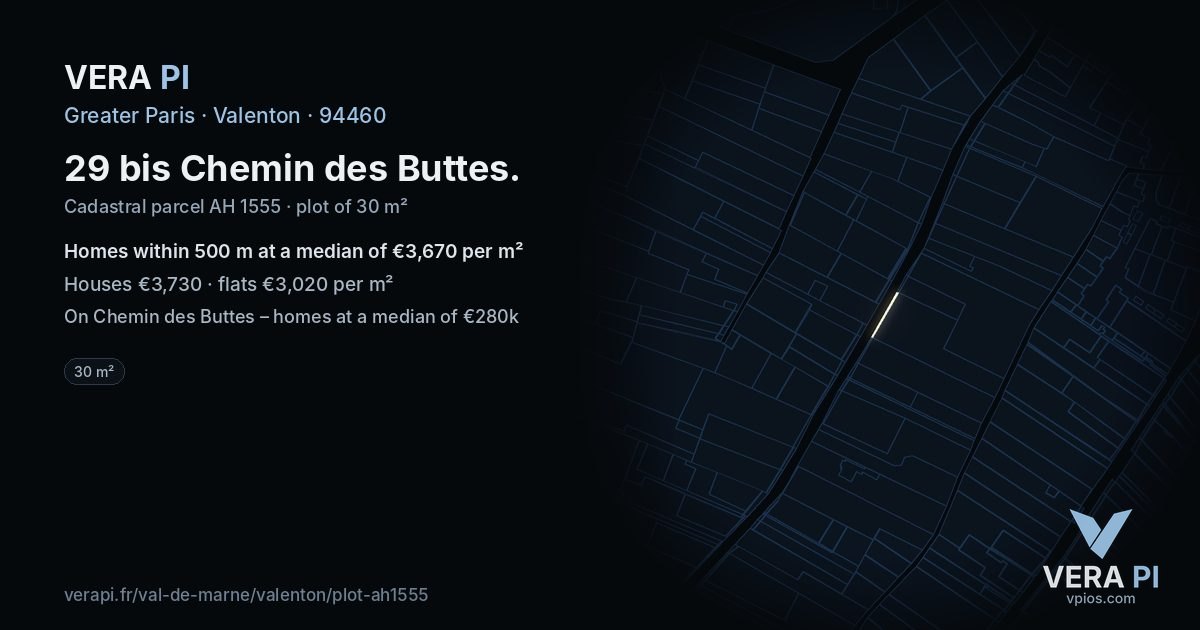 29 bis Chemin des Buttes, Valenton at night – the plot lit, the parcels around coloured by the prices near them