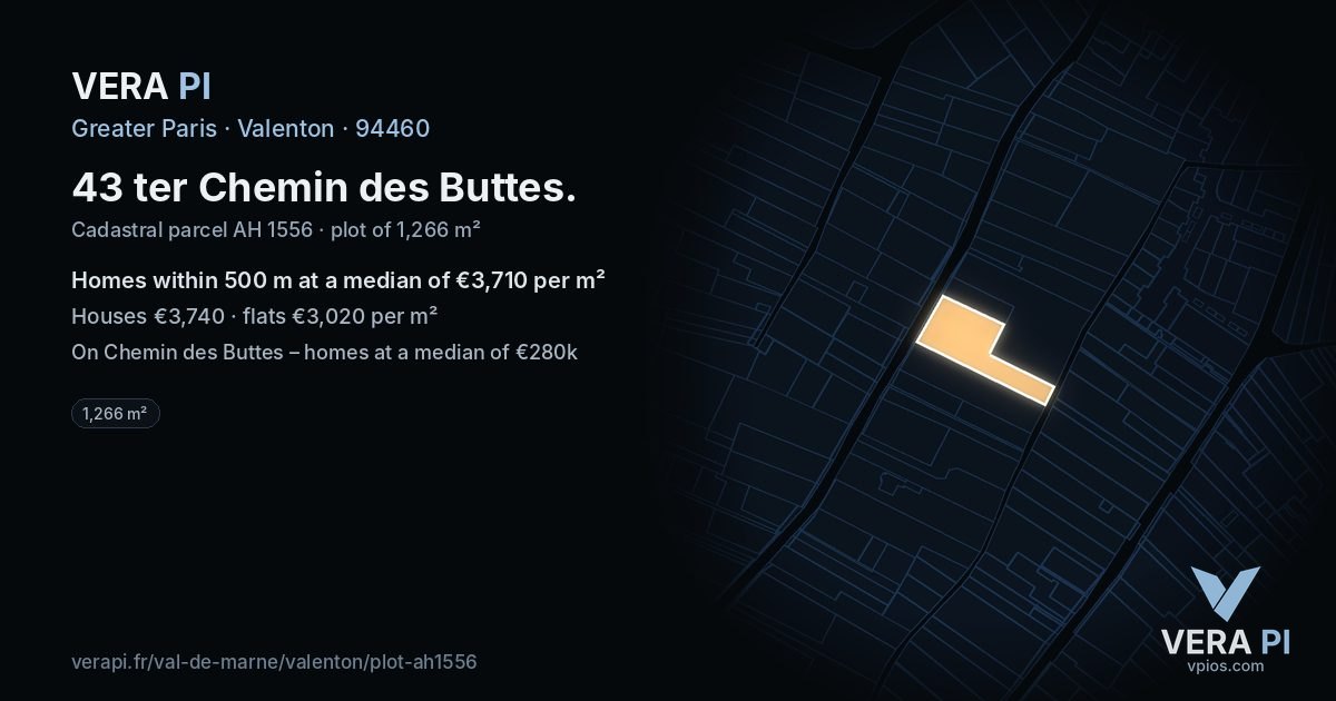 43 ter Chemin des Buttes, Valenton at night – the plot lit, the parcels around coloured by the prices near them