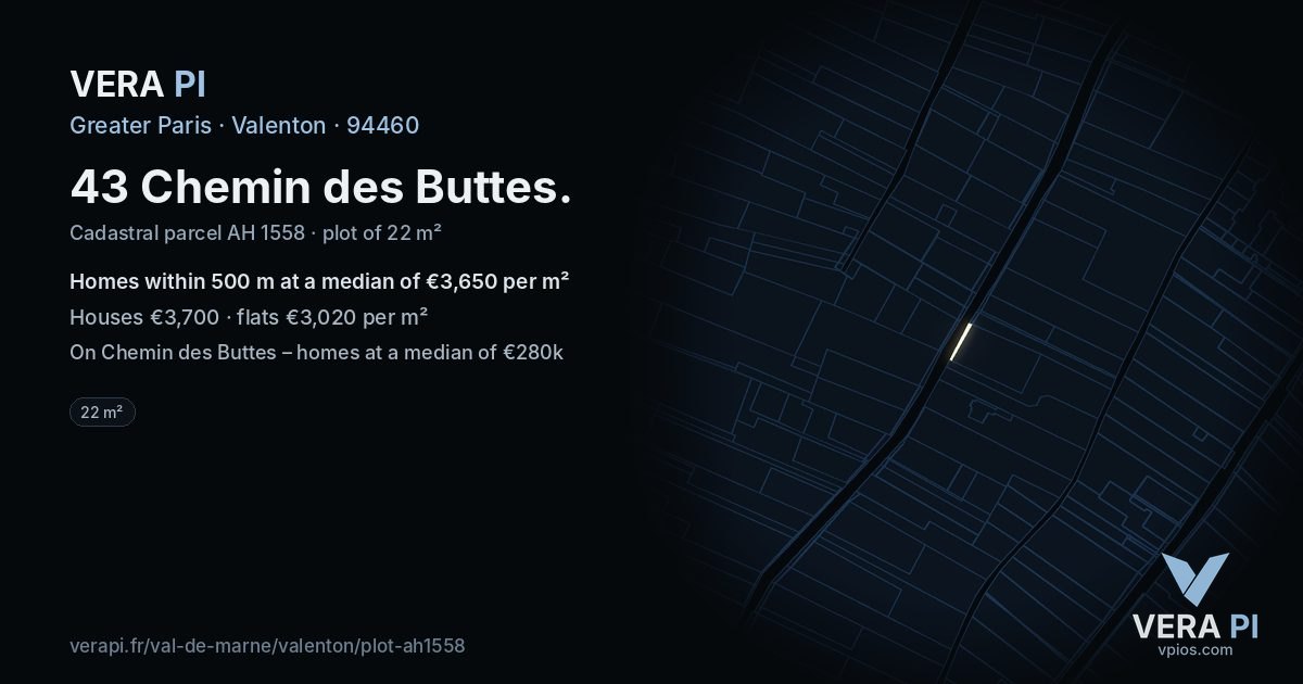 43 Chemin des Buttes, Valenton at night – the plot lit, the parcels around coloured by the prices near them