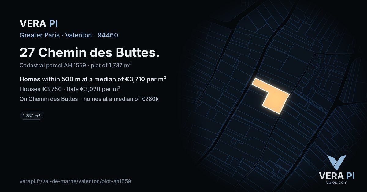 27 Chemin des Buttes, Valenton at night – the plot lit, the parcels around coloured by the prices near them