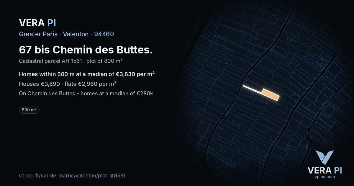 67 bis Chemin des Buttes, Valenton at night – the plot lit, the parcels around coloured by the prices near them