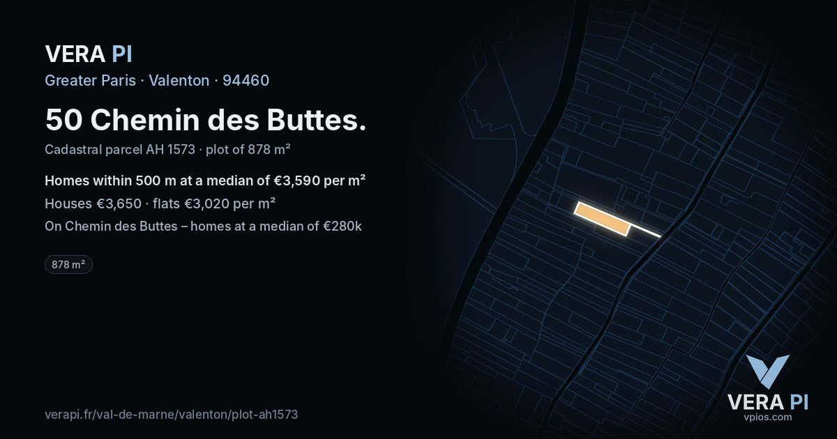 50 Chemin des Buttes, Valenton at night – the plot lit, the parcels around coloured by the prices near them