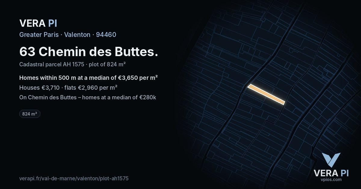63 Chemin des Buttes, Valenton at night – the plot lit, the parcels around coloured by the prices near them