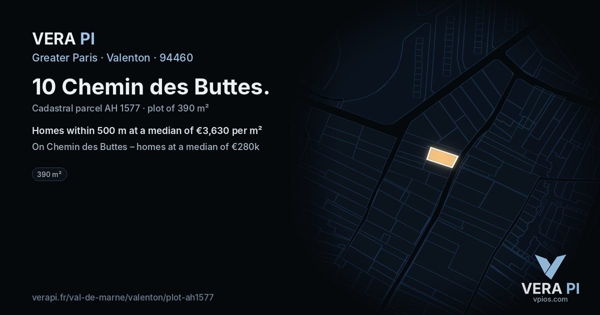 10 Chemin des Buttes, Valenton at night – the plot lit, the parcels around coloured by the prices near them