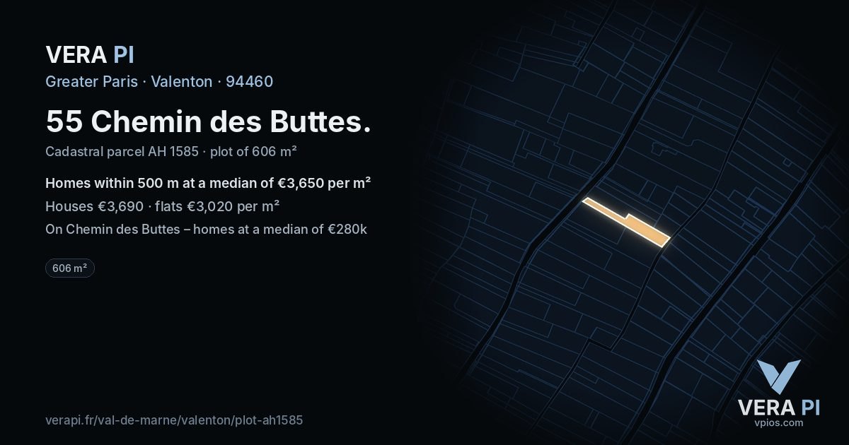 55 Chemin des Buttes, Valenton at night – the plot lit, the parcels around coloured by the prices near them