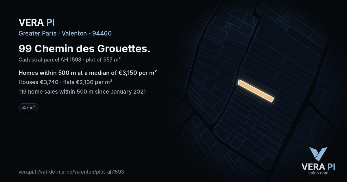 99 Chemin des Grouettes, Valenton at night – the plot lit, the parcels around coloured by the prices near them