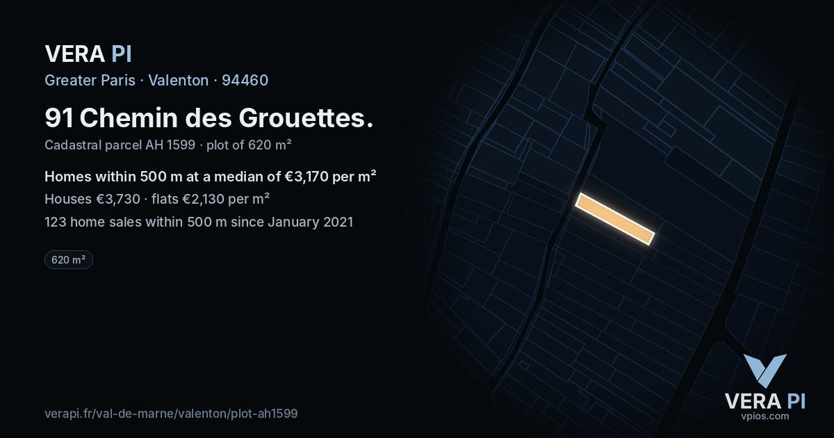 91 Chemin des Grouettes, Valenton at night – the plot lit, the parcels around coloured by the prices near them