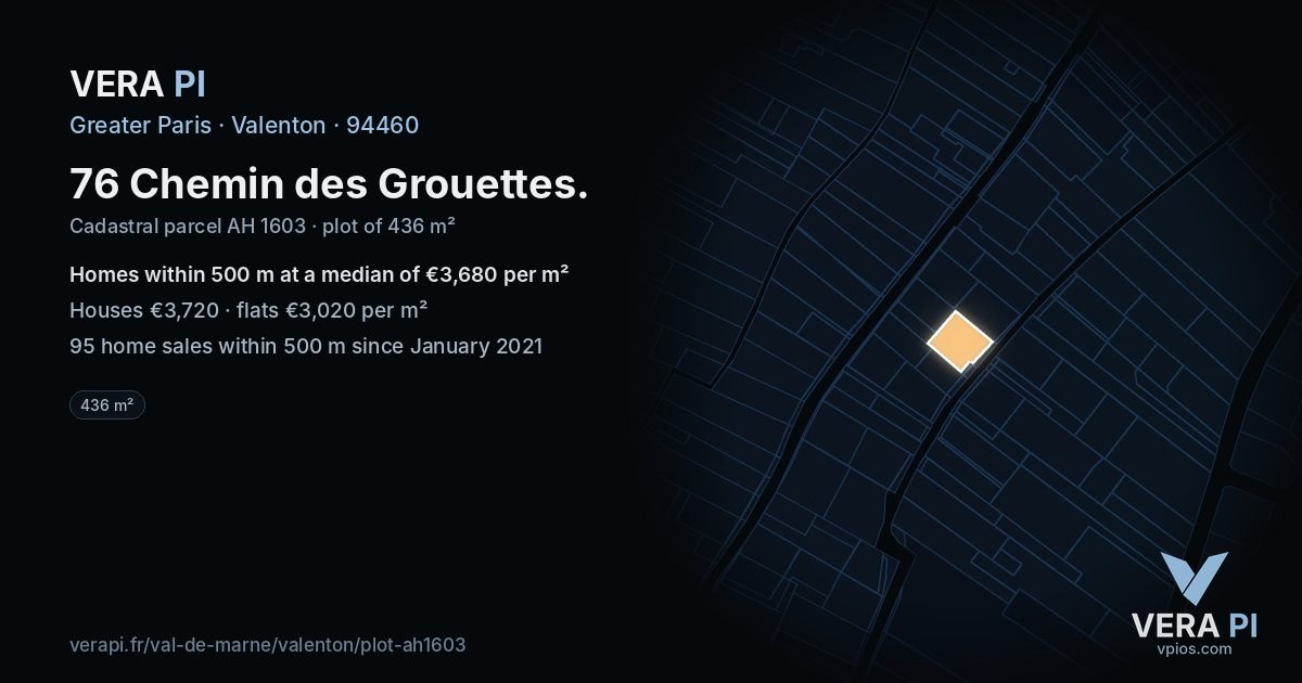 76 Chemin des Grouettes, Valenton at night – the plot lit, the parcels around coloured by the prices near them