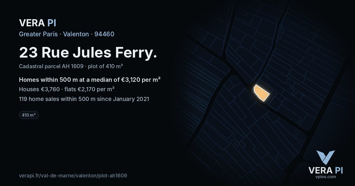 23 Rue Jules Ferry, Valenton at night – the plot lit, the parcels around coloured by the prices near them