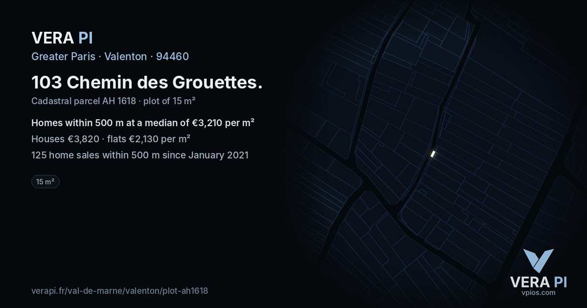 103 Chemin des Grouettes, Valenton at night – the plot lit, the parcels around coloured by the prices near them