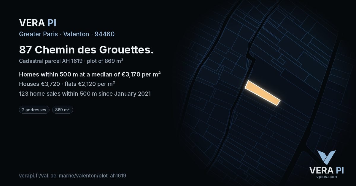 87 Chemin des Grouettes, Valenton at night – the plot lit, the parcels around coloured by the prices near them