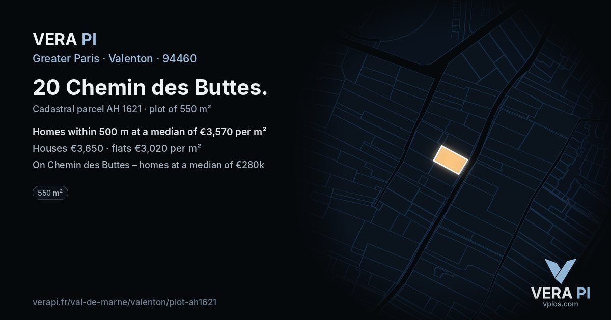 20 Chemin des Buttes, Valenton at night – the plot lit, the parcels around coloured by the prices near them
