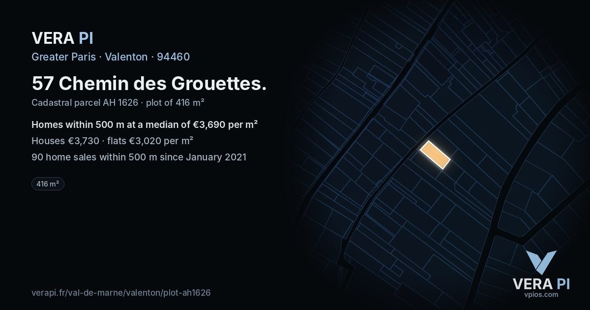 57 Chemin des Grouettes, Valenton at night – the plot lit, the parcels around coloured by the prices near them