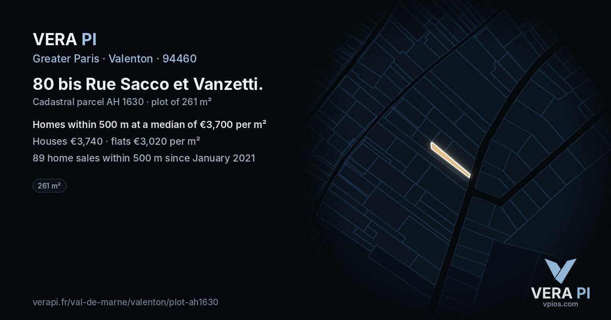 80 bis Rue Sacco et Vanzetti, Valenton at night – the plot lit, the parcels around coloured by the prices near them