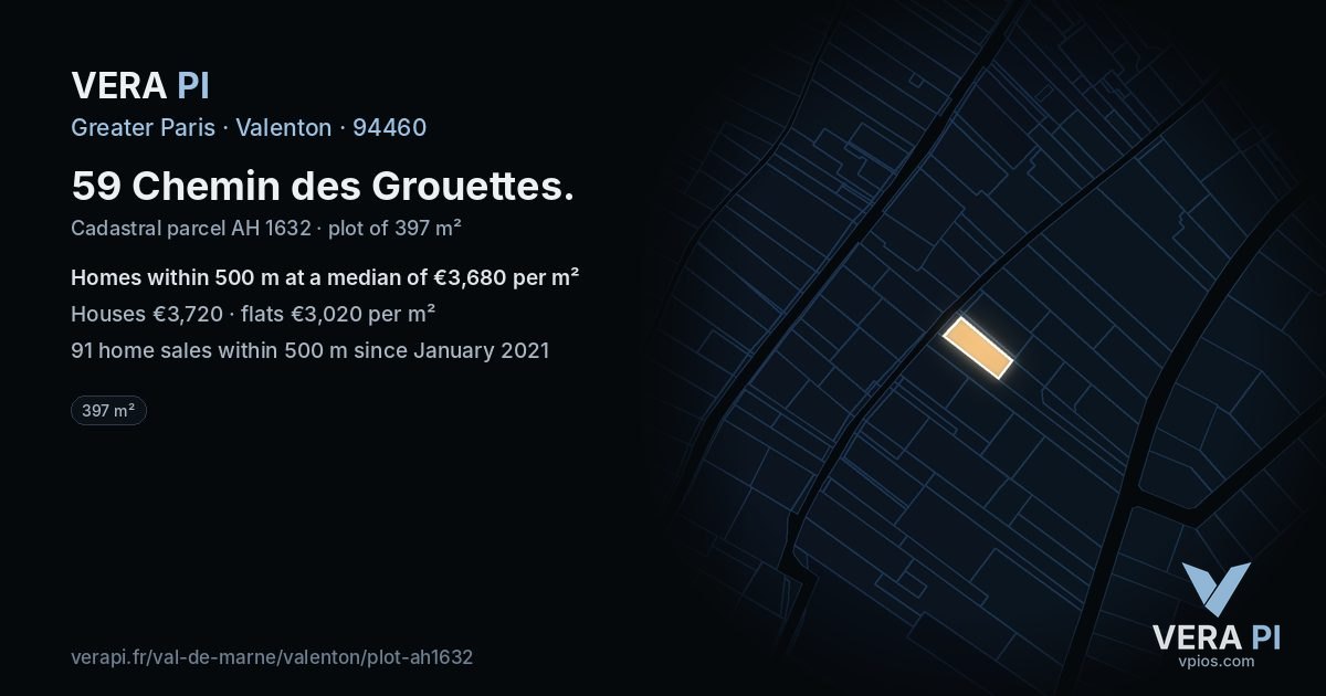 59 Chemin des Grouettes, Valenton at night – the plot lit, the parcels around coloured by the prices near them