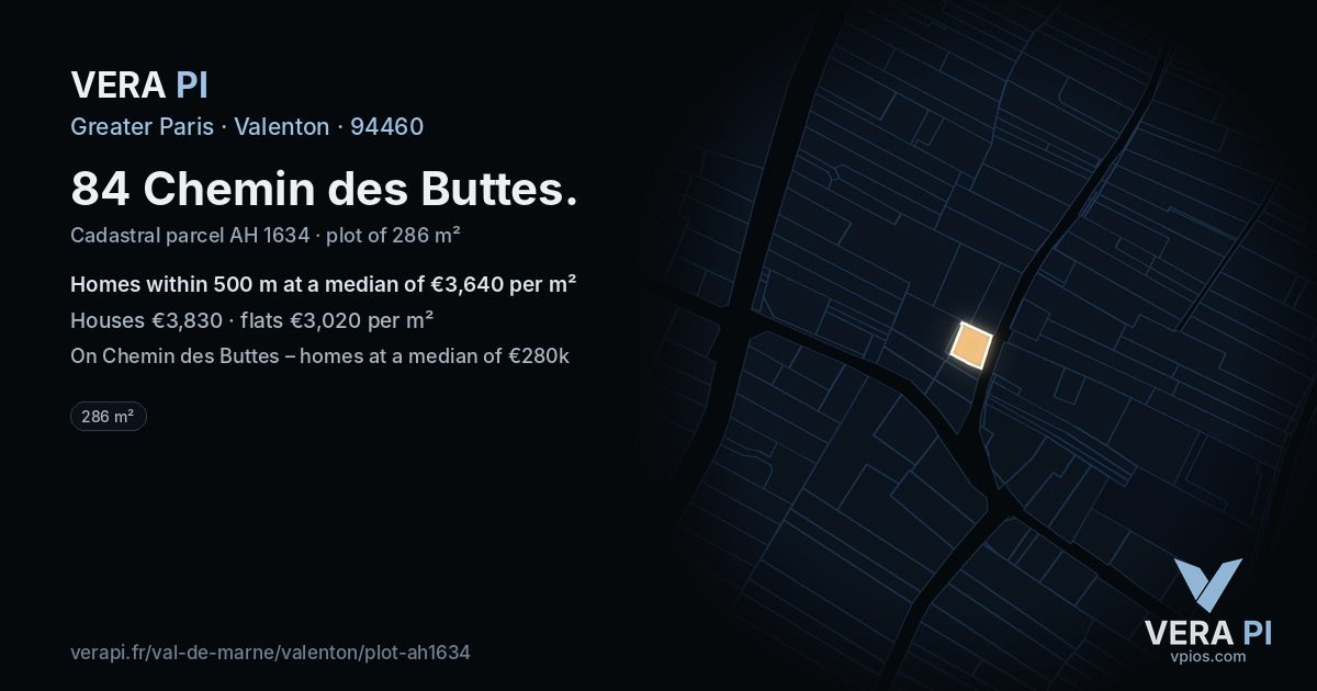 84 Chemin des Buttes, Valenton at night – the plot lit, the parcels around coloured by the prices near them