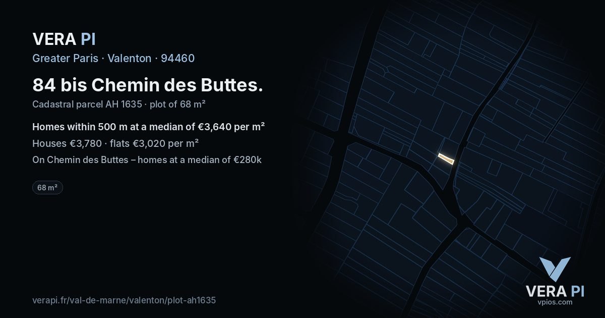 84 bis Chemin des Buttes, Valenton at night – the plot lit, the parcels around coloured by the prices near them