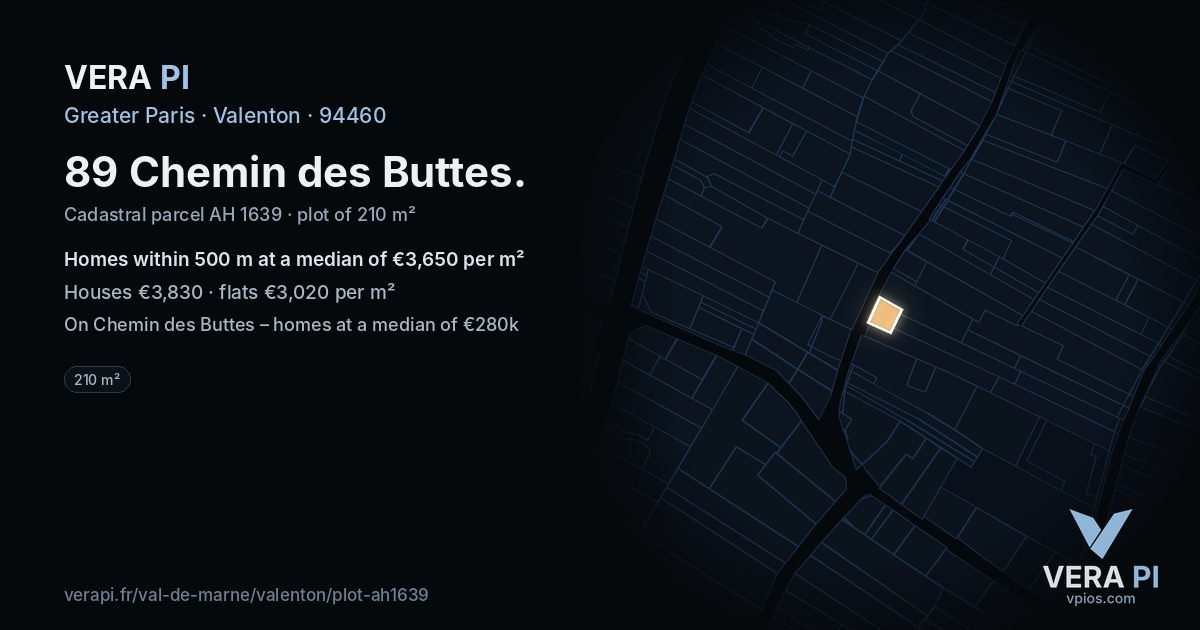 89 Chemin des Buttes, Valenton at night – the plot lit, the parcels around coloured by the prices near them
