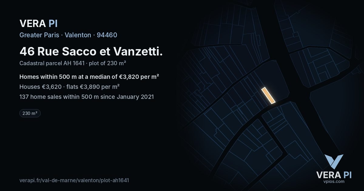 46 Rue Sacco et Vanzetti, Valenton at night – the plot lit, the parcels around coloured by the prices near them