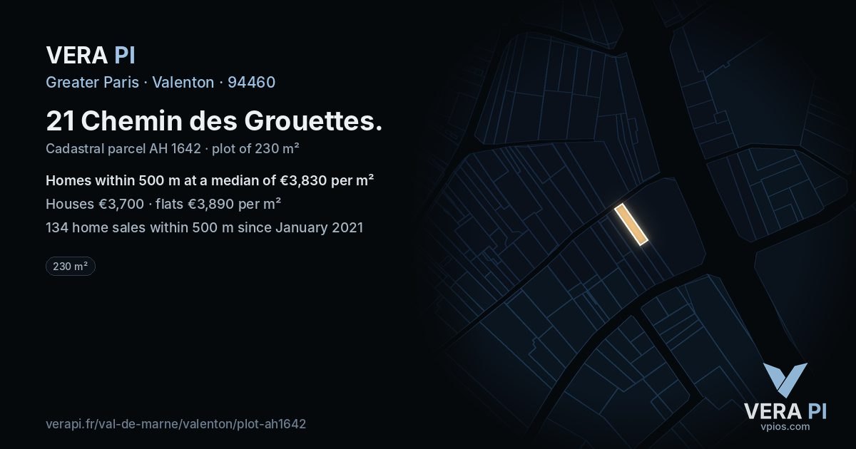 21 Chemin des Grouettes, Valenton at night – the plot lit, the parcels around coloured by the prices near them