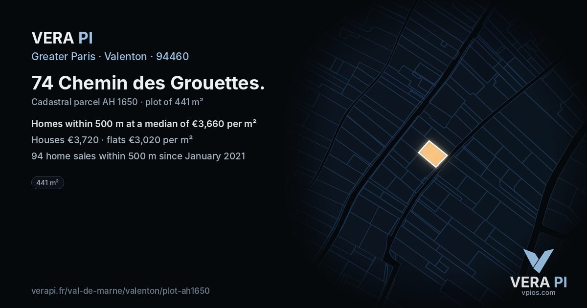 74 Chemin des Grouettes, Valenton at night – the plot lit, the parcels around coloured by the prices near them