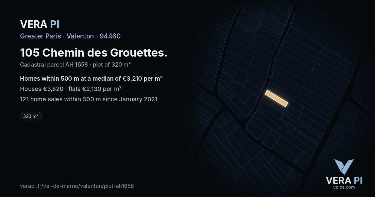 105 Chemin des Grouettes, Valenton at night – the plot lit, the parcels around coloured by the prices near them
