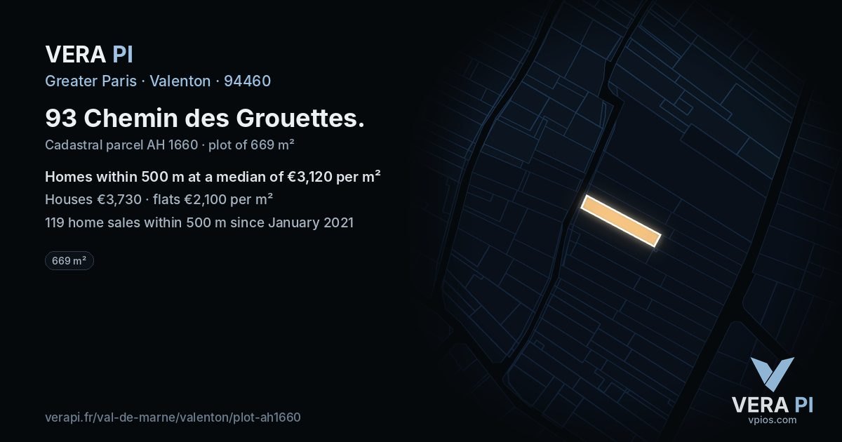 93 Chemin des Grouettes, Valenton at night – the plot lit, the parcels around coloured by the prices near them