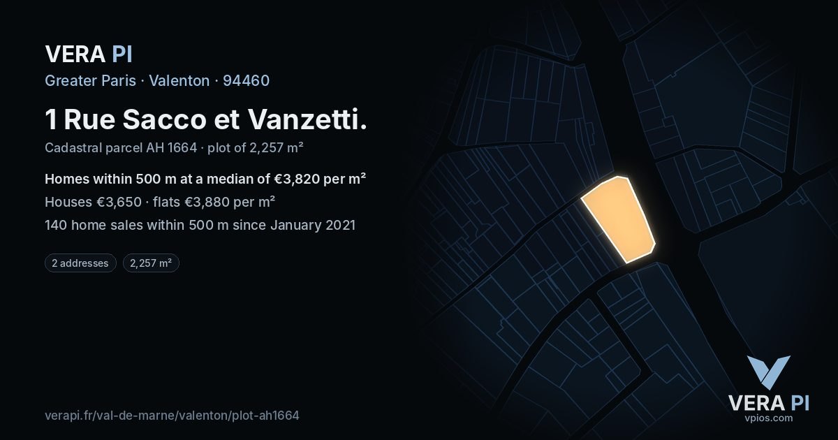 1 Rue Sacco et Vanzetti, Valenton at night – the plot lit, the parcels around coloured by the prices near them