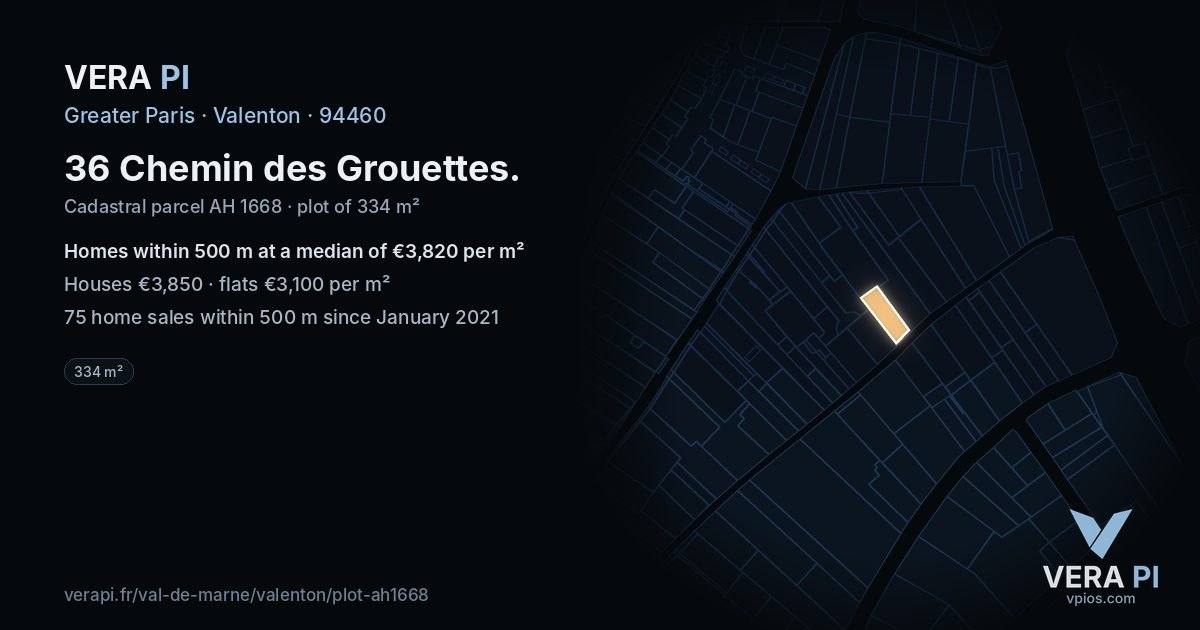 36 Chemin des Grouettes, Valenton at night – the plot lit, the parcels around coloured by the prices near them