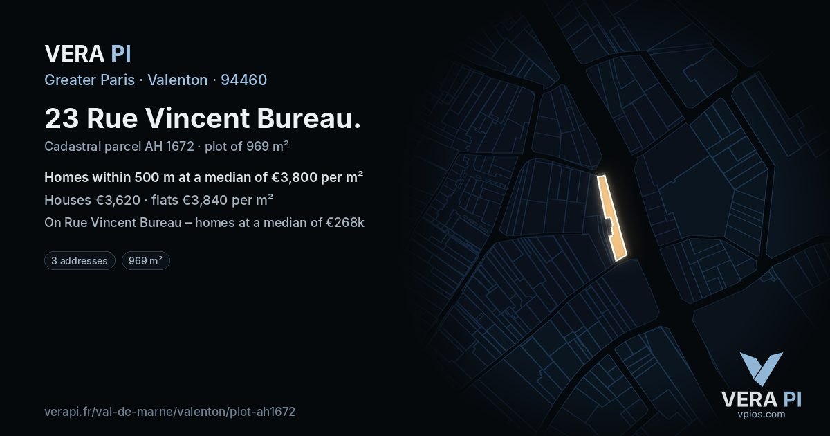 23 Rue Vincent Bureau, Valenton at night – the plot lit, the parcels around coloured by the prices near them