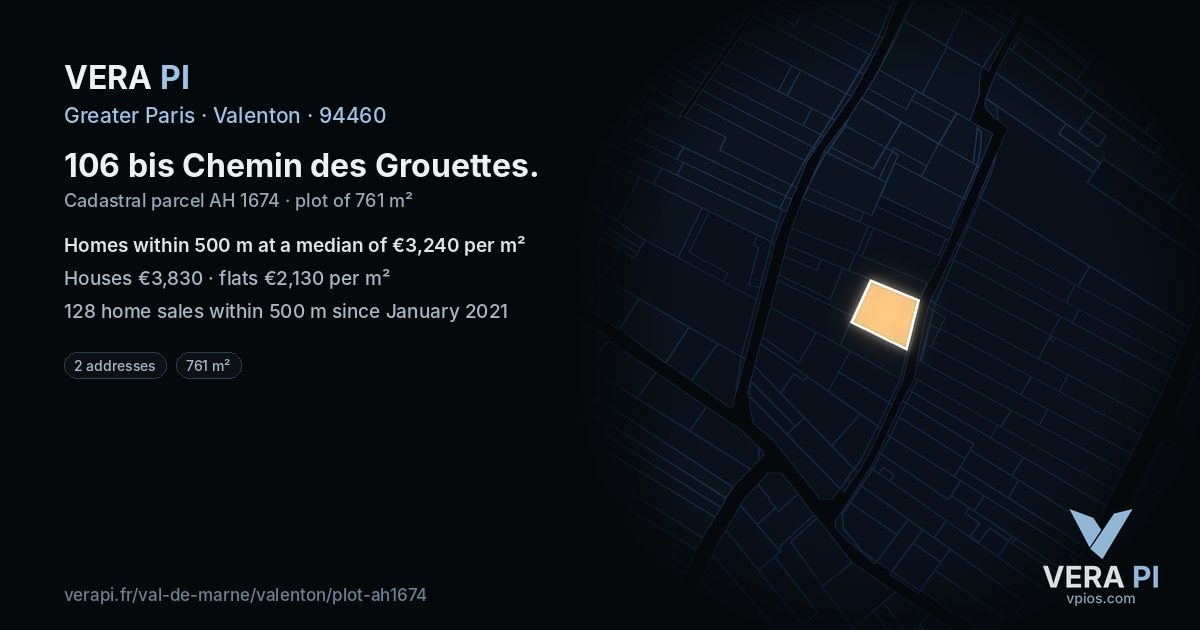 106 bis Chemin des Grouettes, Valenton at night – the plot lit, the parcels around coloured by the prices near them