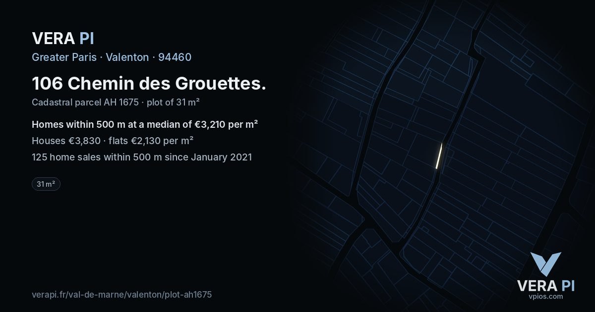 106 Chemin des Grouettes, Valenton at night – the plot lit, the parcels around coloured by the prices near them