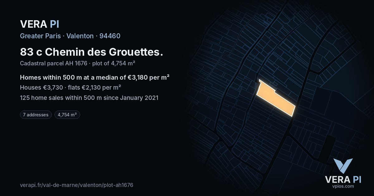 83 c Chemin des Grouettes, Valenton at night – the plot lit, the parcels around coloured by the prices near them