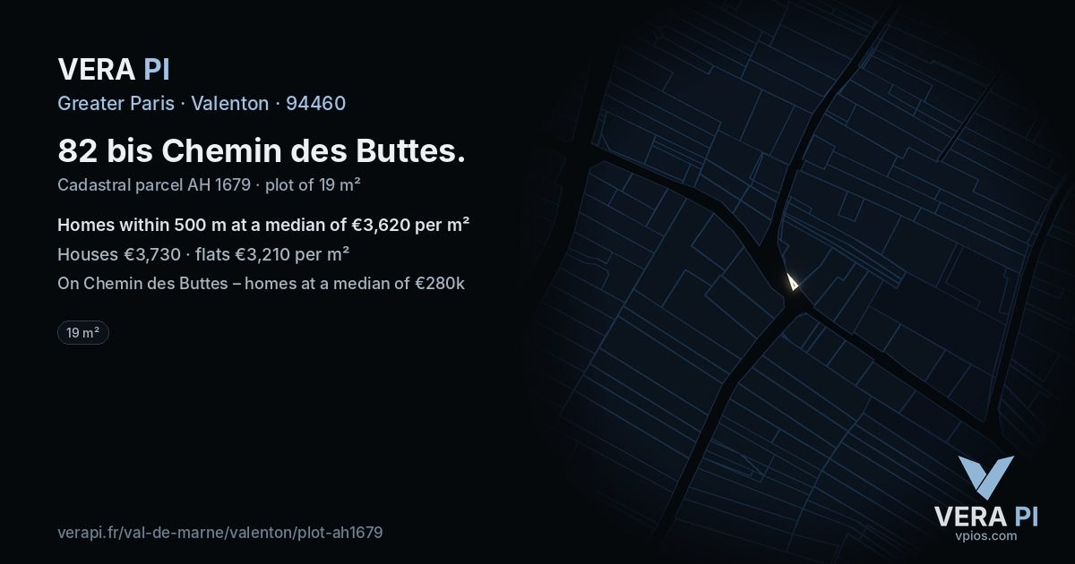 82 bis Chemin des Buttes, Valenton at night – the plot lit, the parcels around coloured by the prices near them