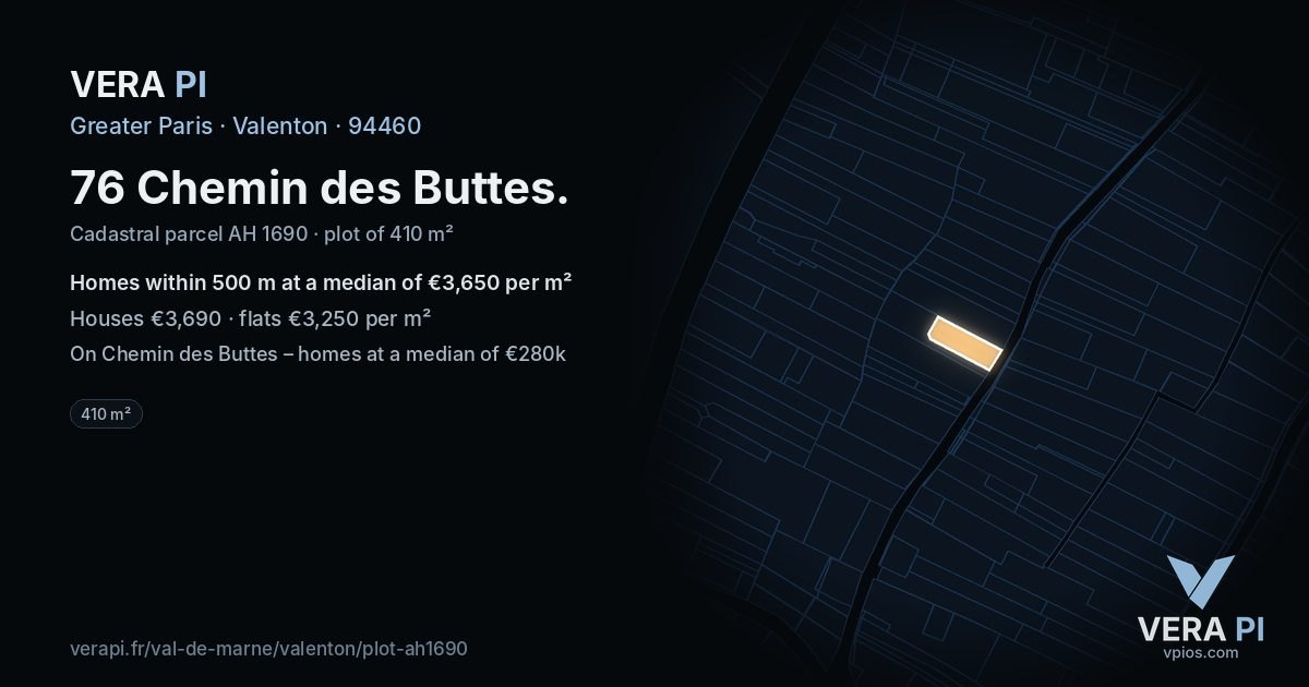 76 Chemin des Buttes, Valenton at night – the plot lit, the parcels around coloured by the prices near them
