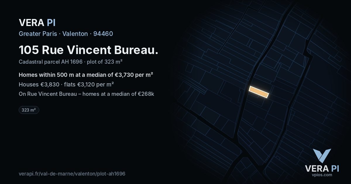 105 Rue Vincent Bureau, Valenton at night – the plot lit, the parcels around coloured by the prices near them