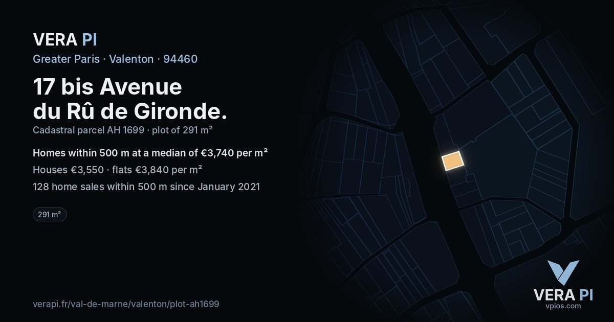 17 bis Avenue du Rû de Gironde, Valenton at night – the plot lit, the parcels around coloured by the prices near them