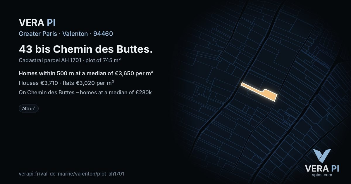 43 bis Chemin des Buttes, Valenton at night – the plot lit, the parcels around coloured by the prices near them