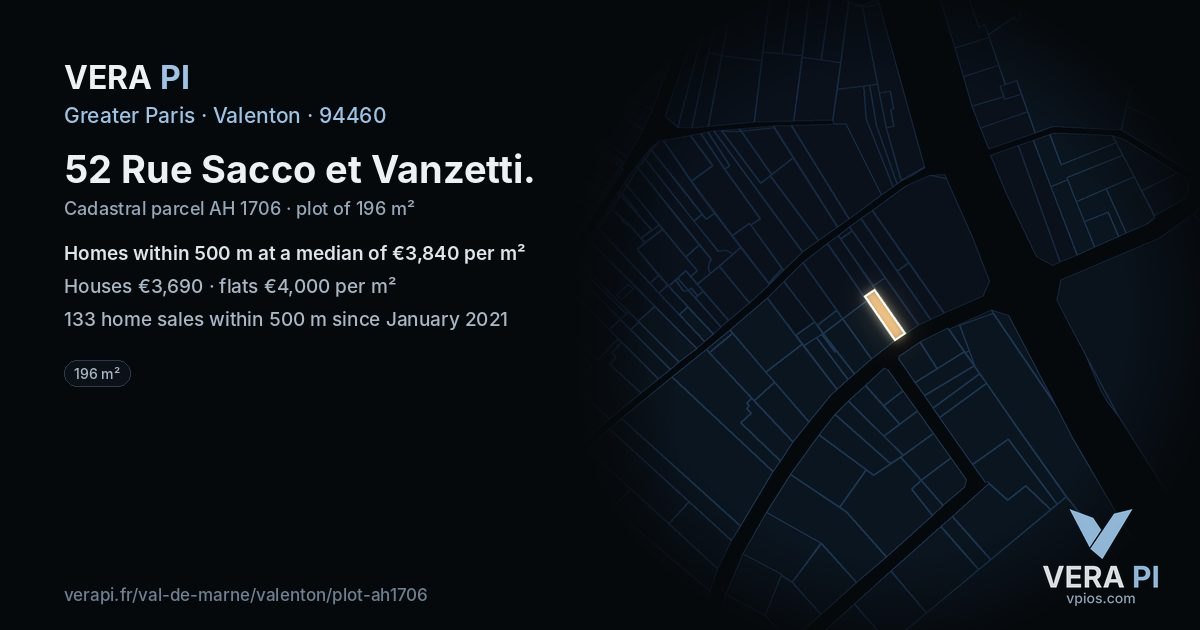 52 Rue Sacco et Vanzetti, Valenton at night – the plot lit, the parcels around coloured by the prices near them