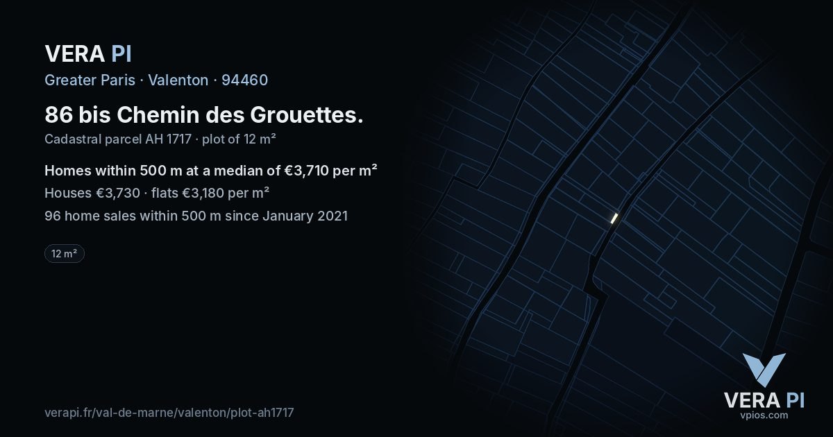 86 bis Chemin des Grouettes, Valenton at night – the plot lit, the parcels around coloured by the prices near them