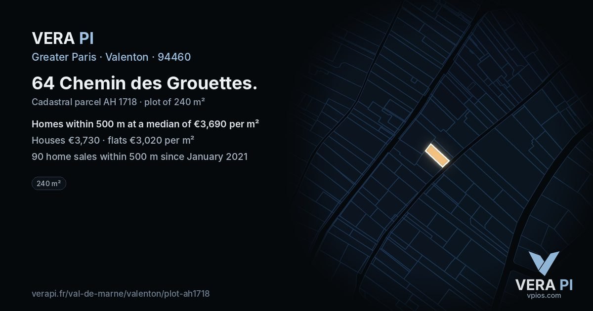 64 Chemin des Grouettes, Valenton at night – the plot lit, the parcels around coloured by the prices near them