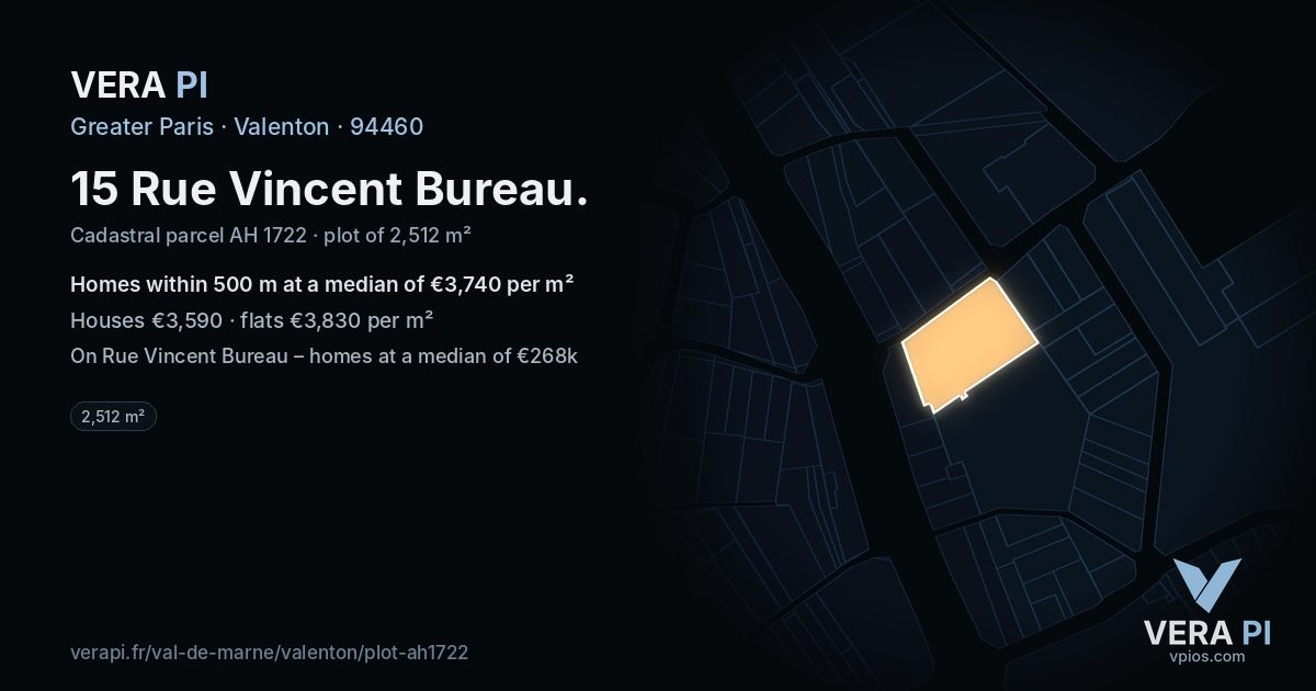 15 Rue Vincent Bureau, Valenton at night – the plot lit, the parcels around coloured by the prices near them