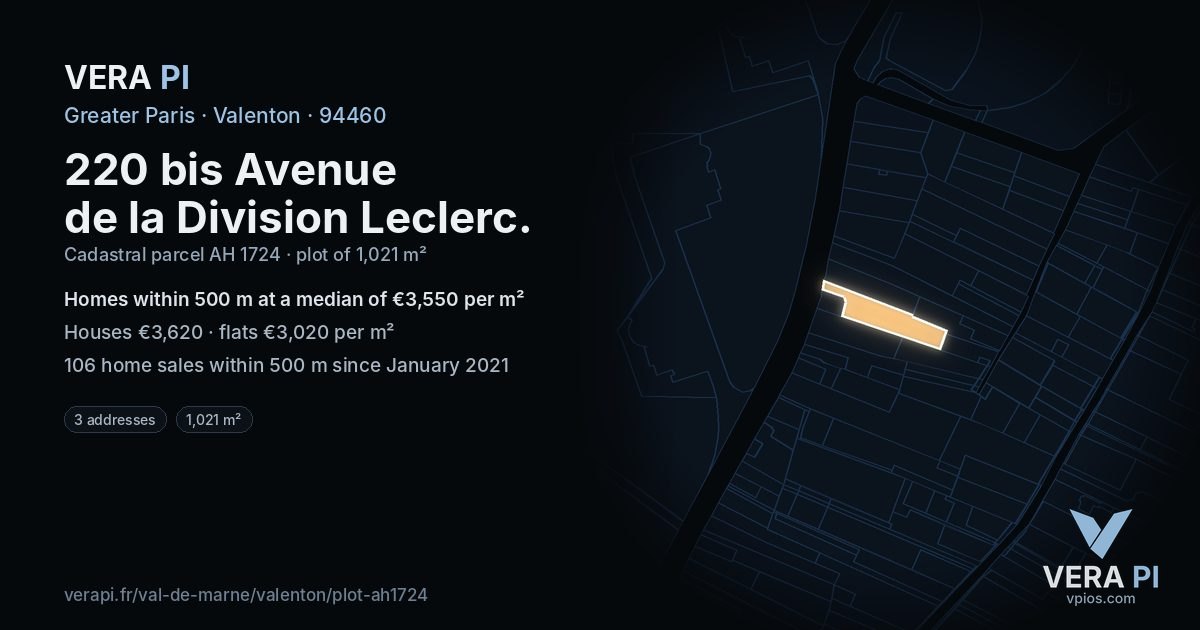 220 bis Avenue de la Division Leclerc, Valenton at night – the plot lit, the parcels around coloured by the prices near them