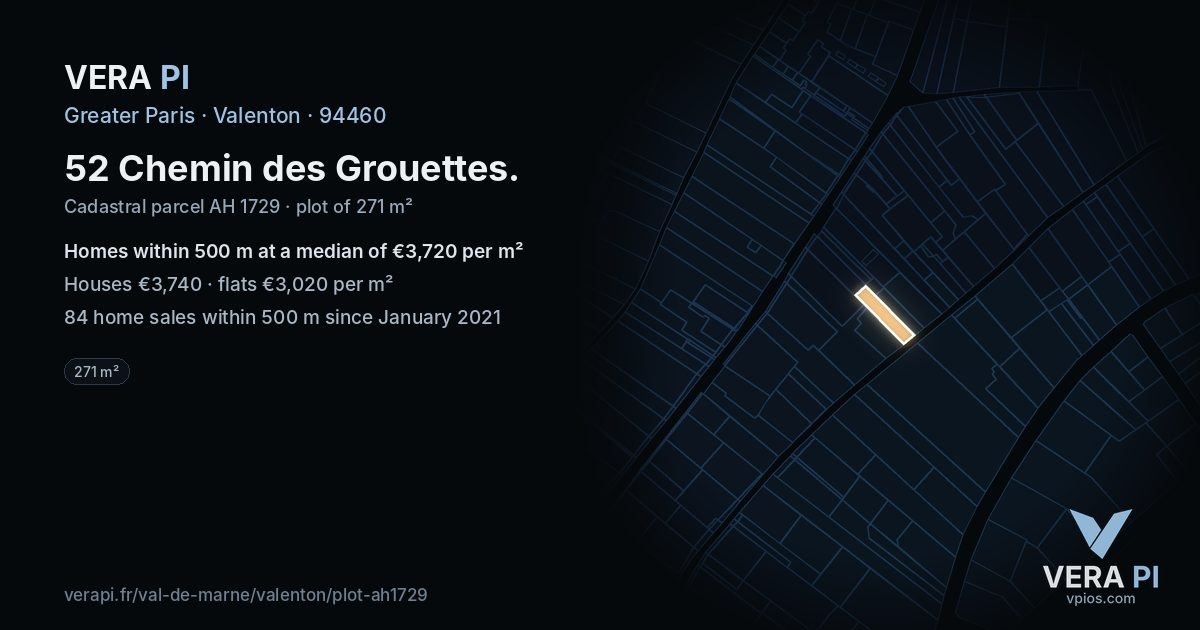 52 Chemin des Grouettes, Valenton at night – the plot lit, the parcels around coloured by the prices near them
