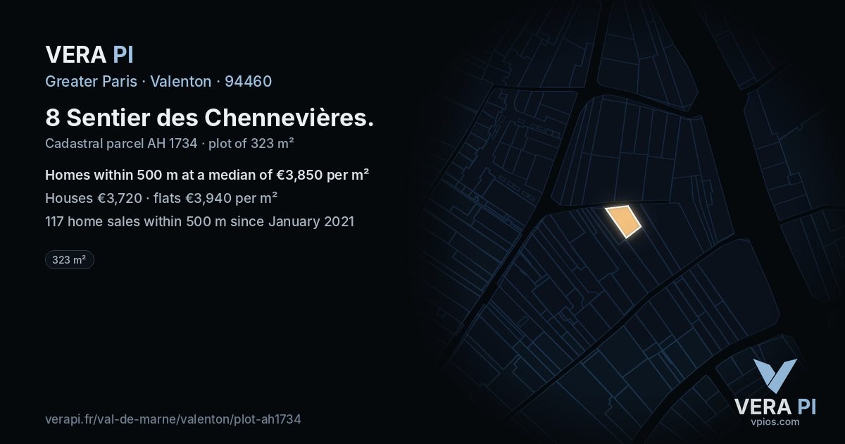 8 Sentier des Chennevières, Valenton at night – the plot lit, the parcels around coloured by the prices near them