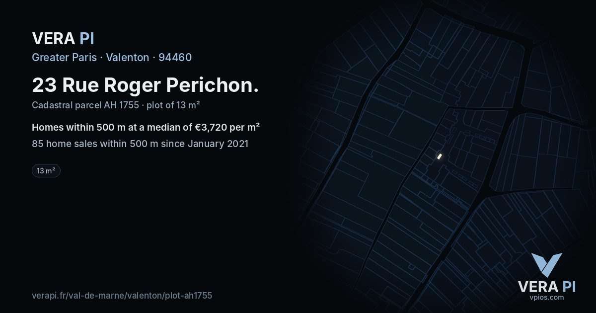 23 Rue Roger Perichon, Valenton at night – the plot lit, the parcels around coloured by the prices near them