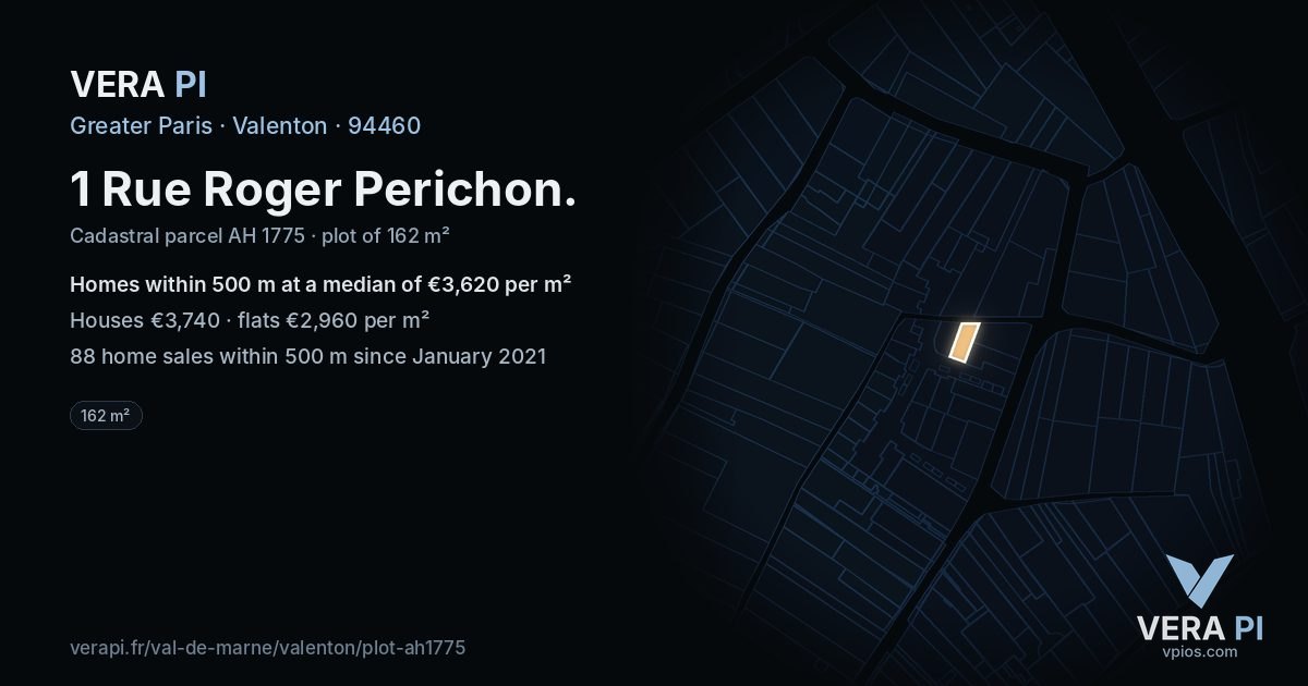 1 Rue Roger Perichon, Valenton at night – the plot lit, the parcels around coloured by the prices near them